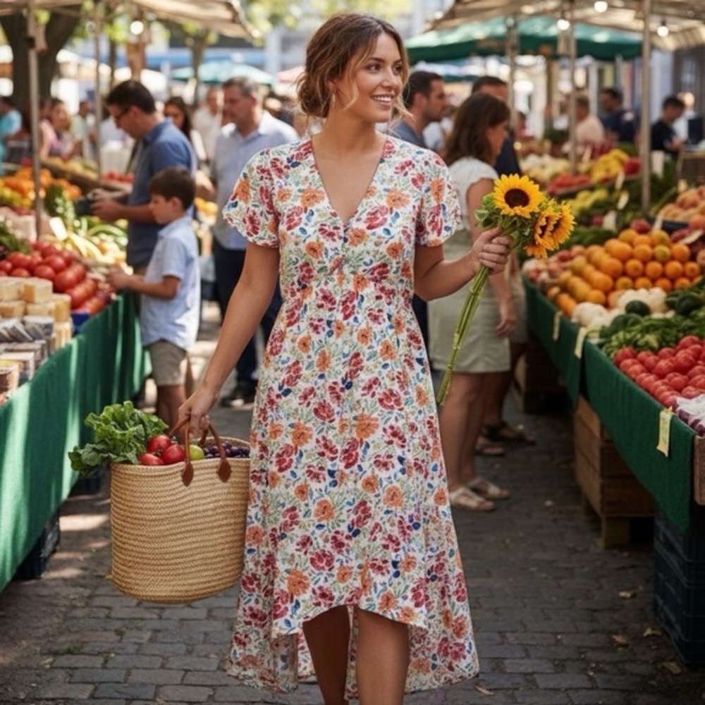 NWT $79 TORRID Multicolored Floral Hi-Lo Short Sleeve Midi Ruffle Dress Sz: 2XL